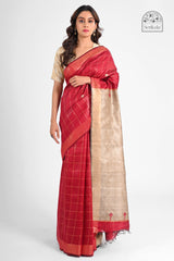 Red Dupion Silk Saree with Golden Check & Tussar Pallu