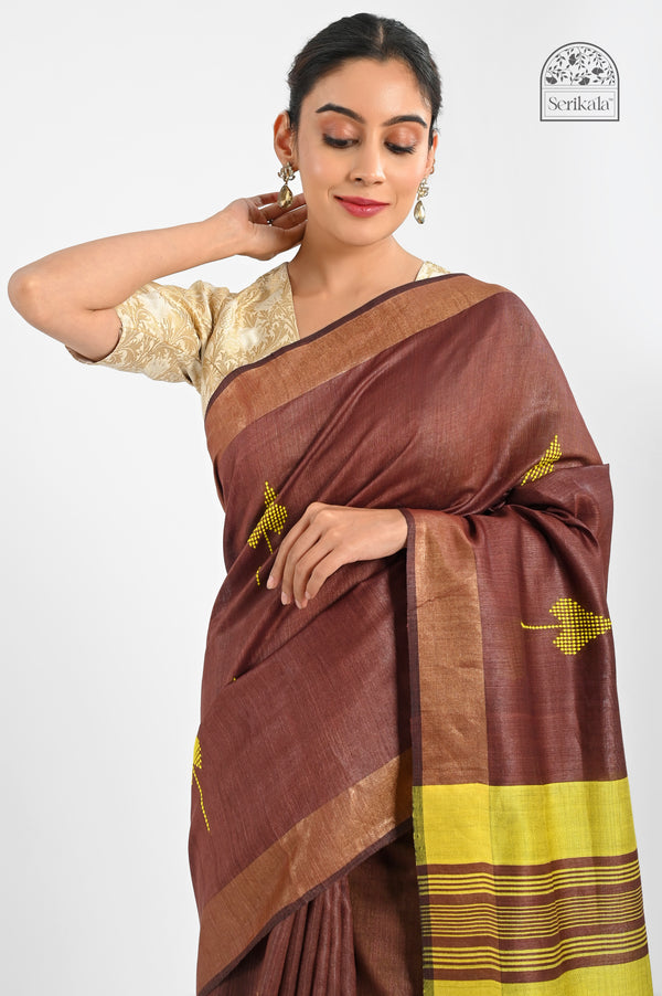Handloom Brown Eri Silk Saree with Yellow Tussar Pallu | Traditional Indian Saree
