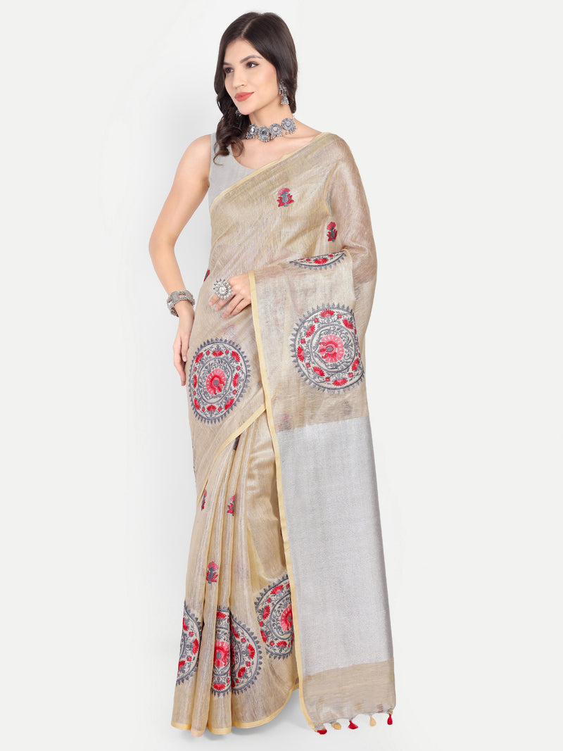 Elegant Beige & Silver Zari Linen Saree with Mandala Embroidery