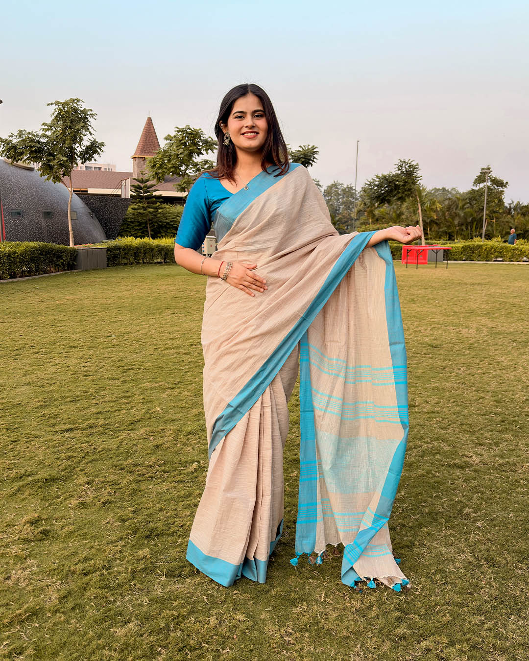 BEIGE & SKY BLUE COTTON SLUB SAREE