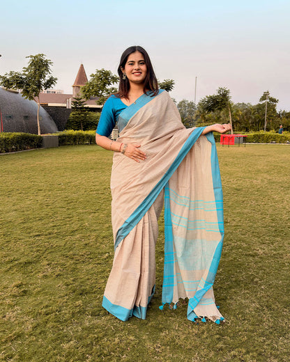 BEIGE & SKY BLUE COTTON SLUB SAREE