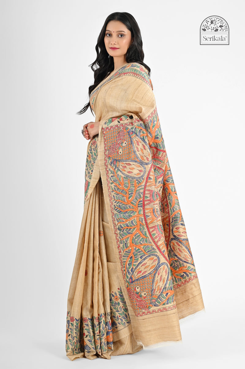 Exquisite Beige Desi Tussar Silk Saree with Hand-Painted Madhubani Art | Authentic Handloom - Serikala