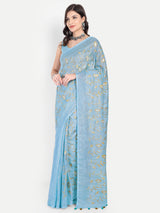 Serene Sky Blue Linen Saree with Golden Floral Embroidery