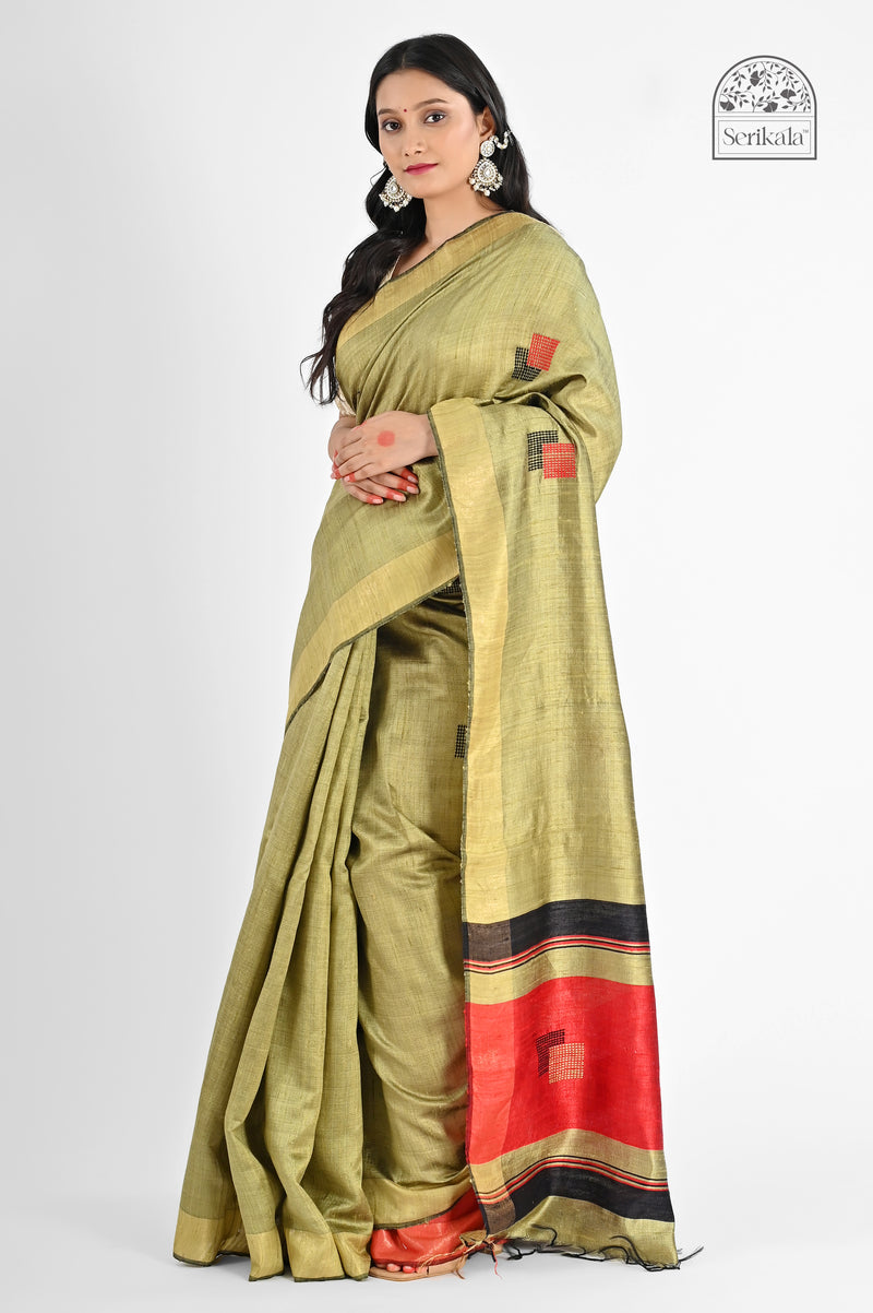Elegant Olive Green Dupion Silk Saree with Red & Black Accents | Handloom Saree