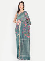 Elegant Dusty Teal Tussar Linen Saree with Floral Embroidery