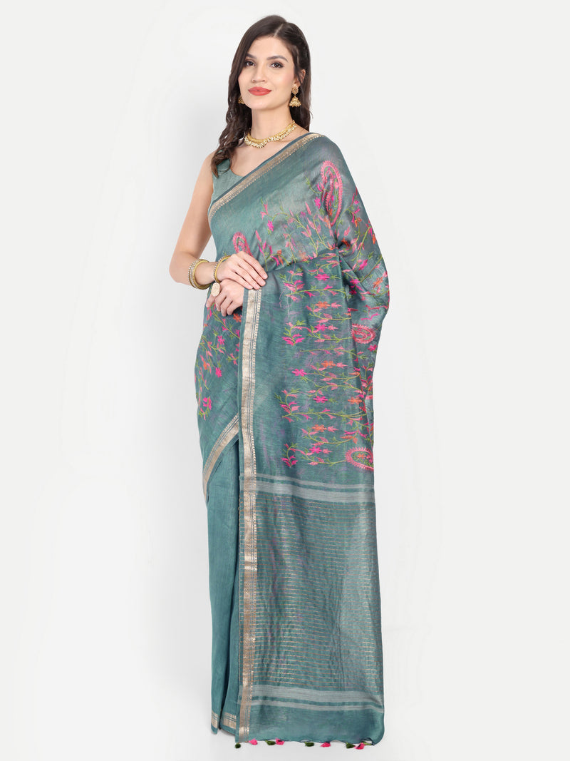 Elegant Dusty Teal Tussar Linen Saree with Floral Embroidery