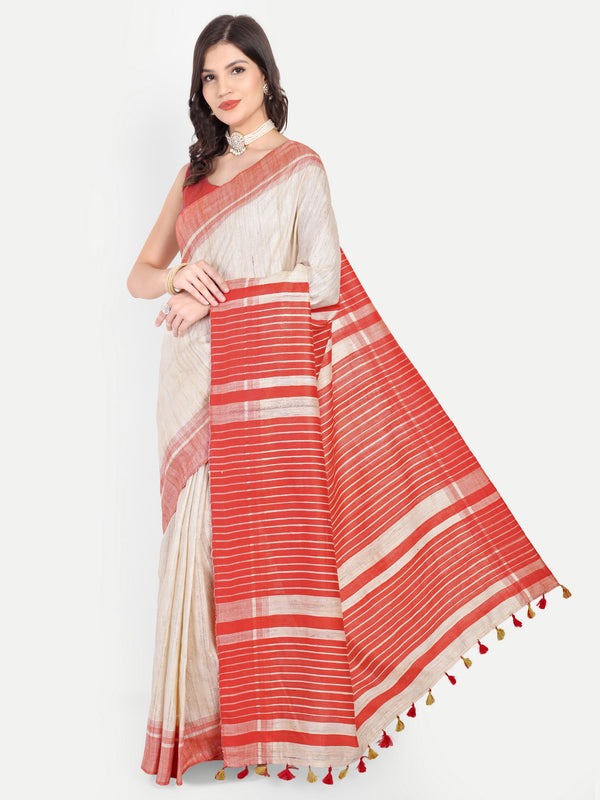 Classic Red & Off-White Striped Ghicha Silk Saree