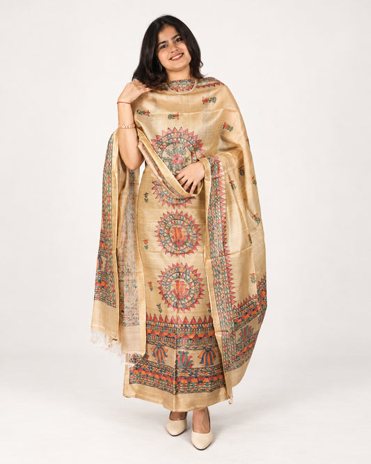 GHICHA SILK MADHUBANI PAINTED SUIT SET