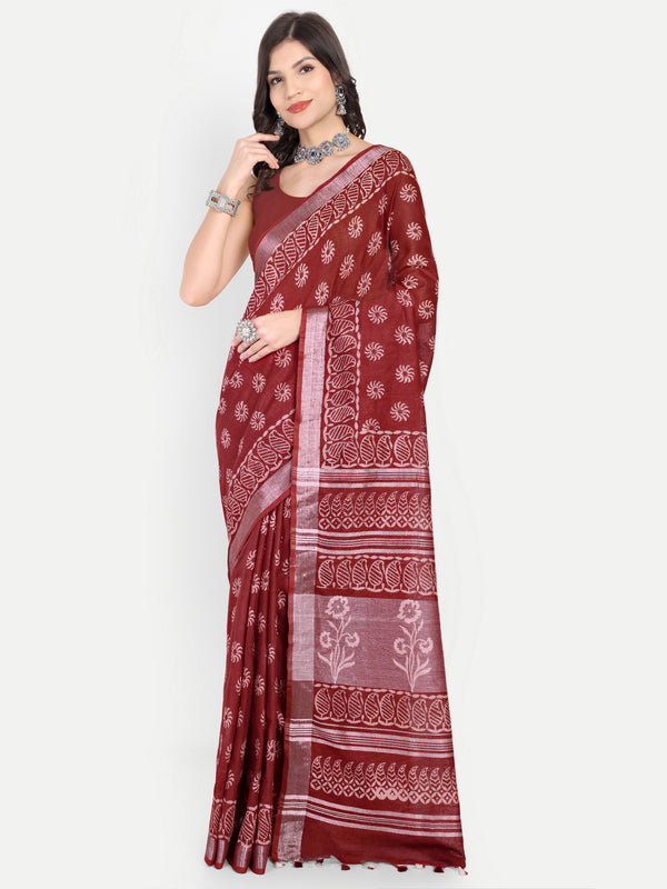 Rich Maroon Block Print Cotton Saree