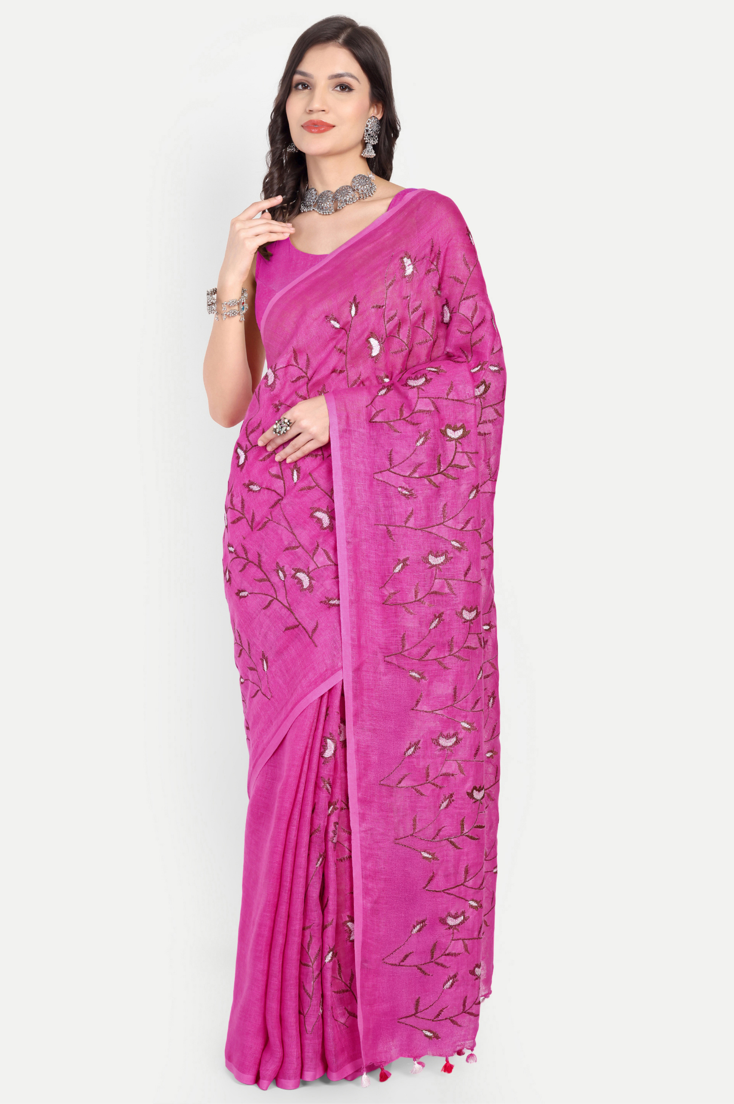RANI PINK FLORAL LINEN SAREE