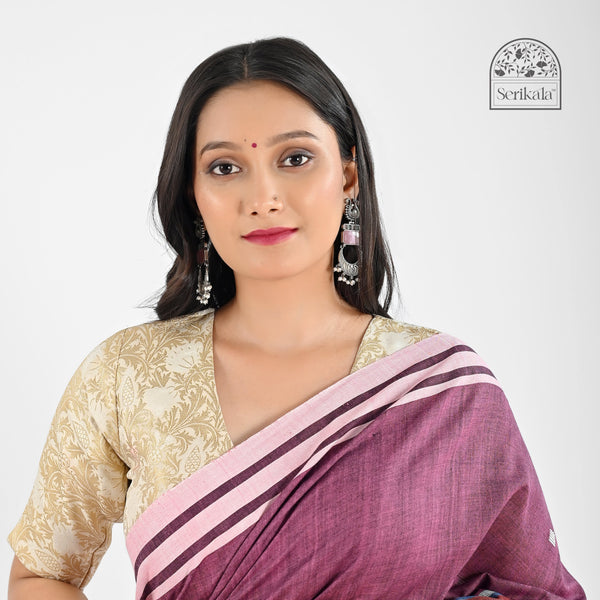 Stylish Plum Pink Pure Cotton Saree with Bawan Buta Work | Handloom Daily Wear - Serikala