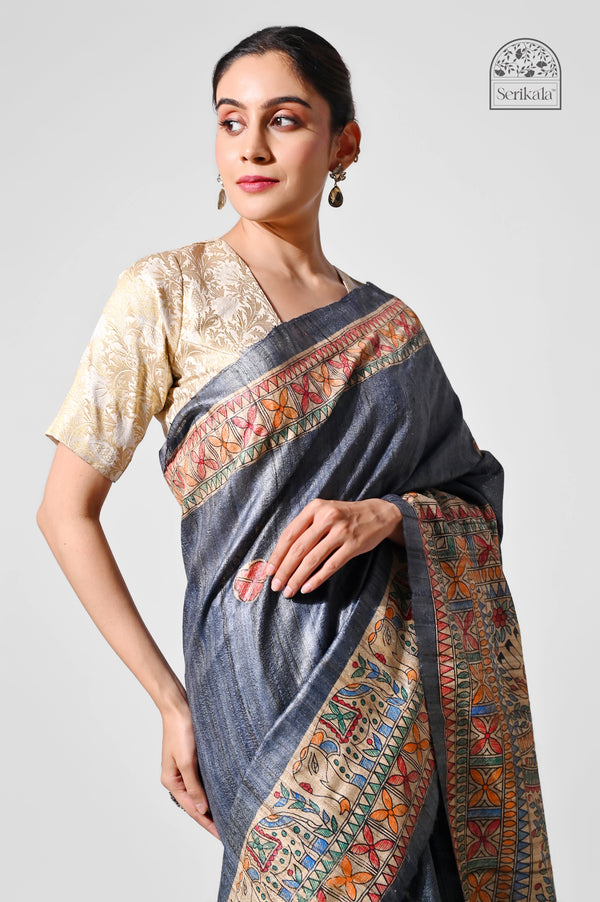 Charcoal Grey Ghicha Silk Saree with Hand-Painted Madhubani Art | Handloom Indian Saree
