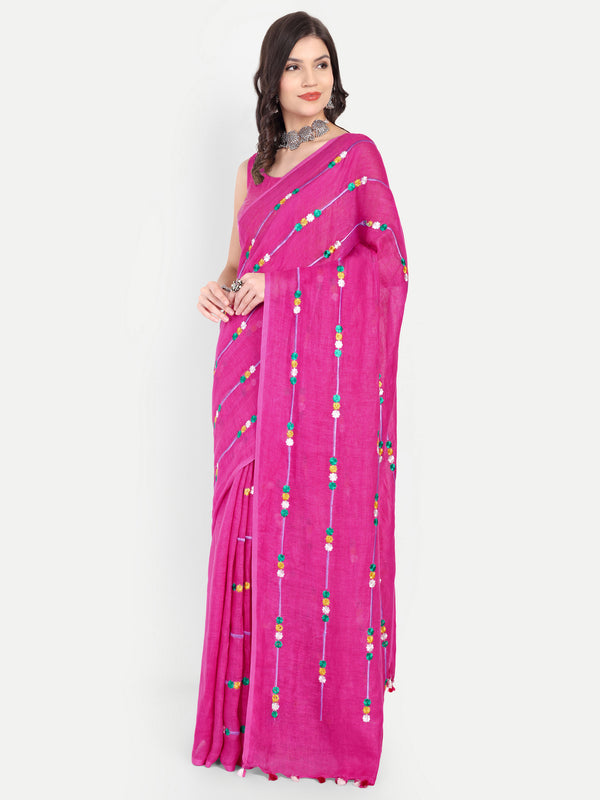 Vibrant Rani Pink Linen Saree with Colorful Embroidery