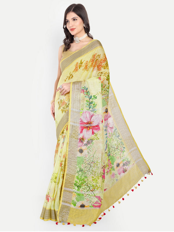 Sunny Yellow Floral Digital Print Linen Saree
