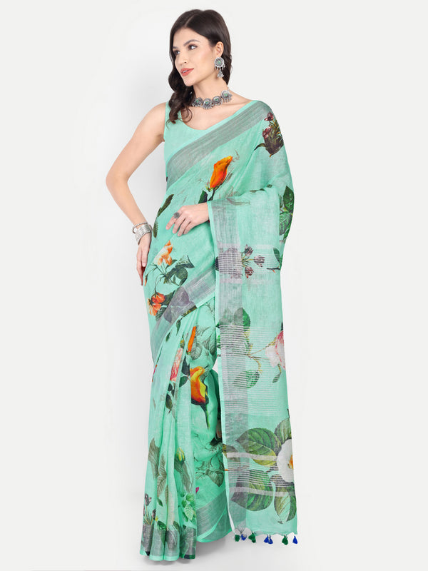 Vibrant Sea Green Digital Print Linen Saree