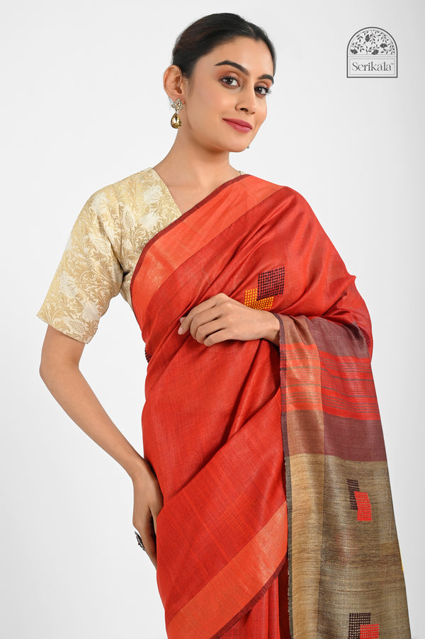 Rust Eri Silk Saree with Handwoven Tussar Pallu – Minimalist Elegance with Geometric Charm