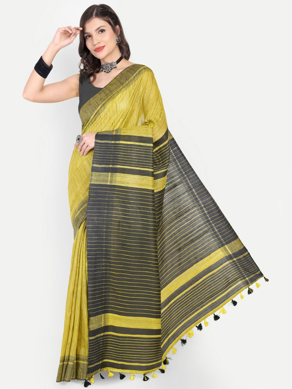 Contemporary Lime Yellow & Charcoal Grey Ghicha Silk Saree