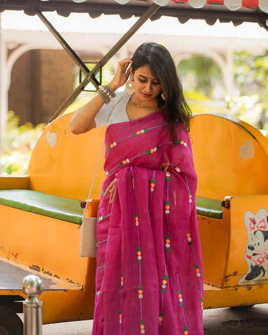 RANI PINK EMBROIDERED LINEN SAREE