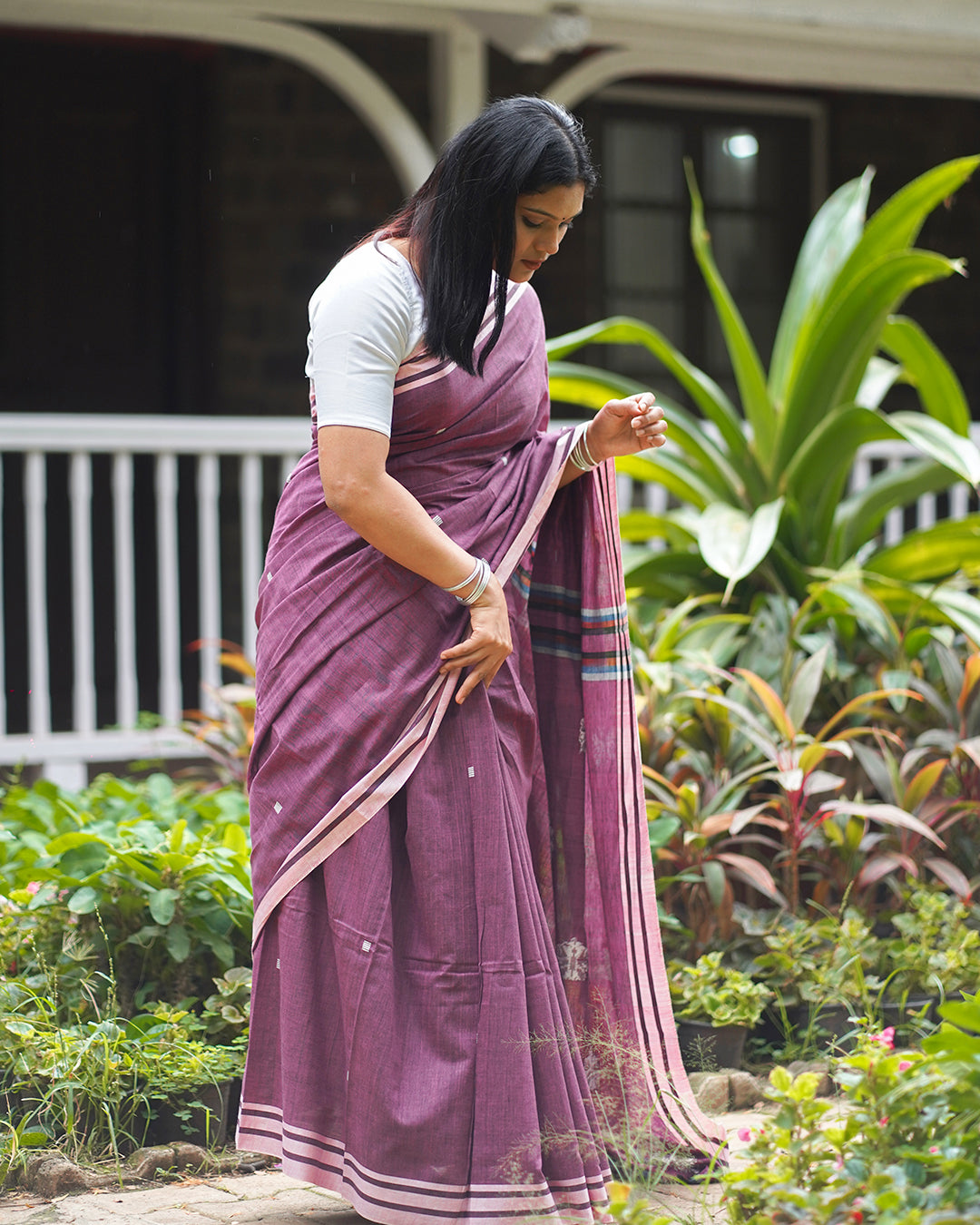 PLUM PINK COTTON SAREE WITH BAWAN BUTA WORK