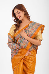 Artistic Mustard Ghicha Silk Saree with Hand-Painted Madhubani Art
