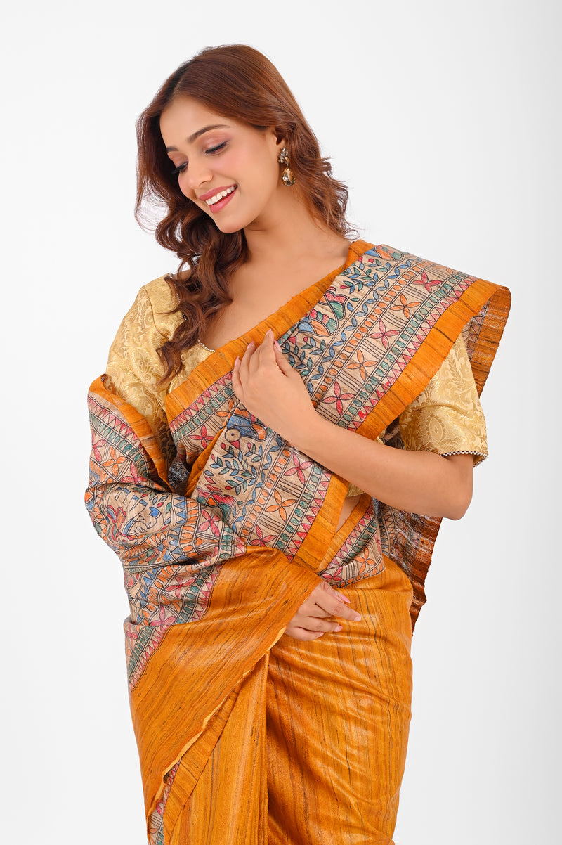 Artistic Mustard Ghicha Silk Saree with Hand-Painted Madhubani Art