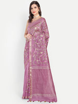 Elegant Dusty Pink Linen Saree with Floral Jaal Embroidery