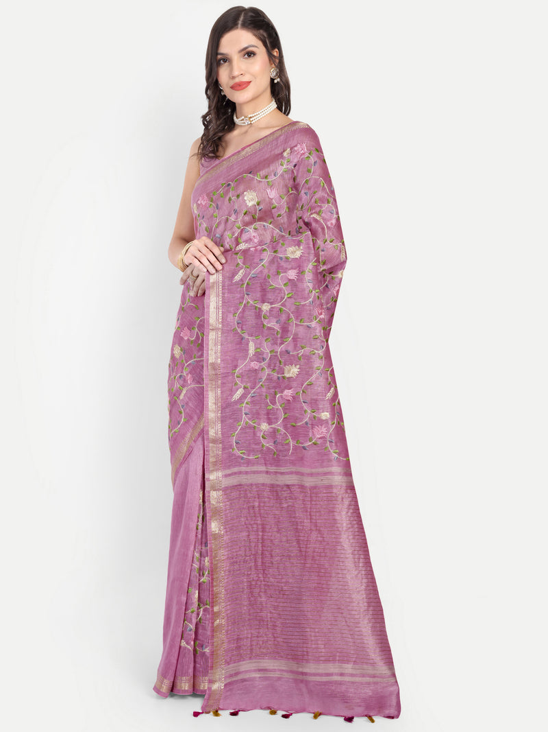 Elegant Dusty Pink Linen Saree with Floral Jaal Embroidery