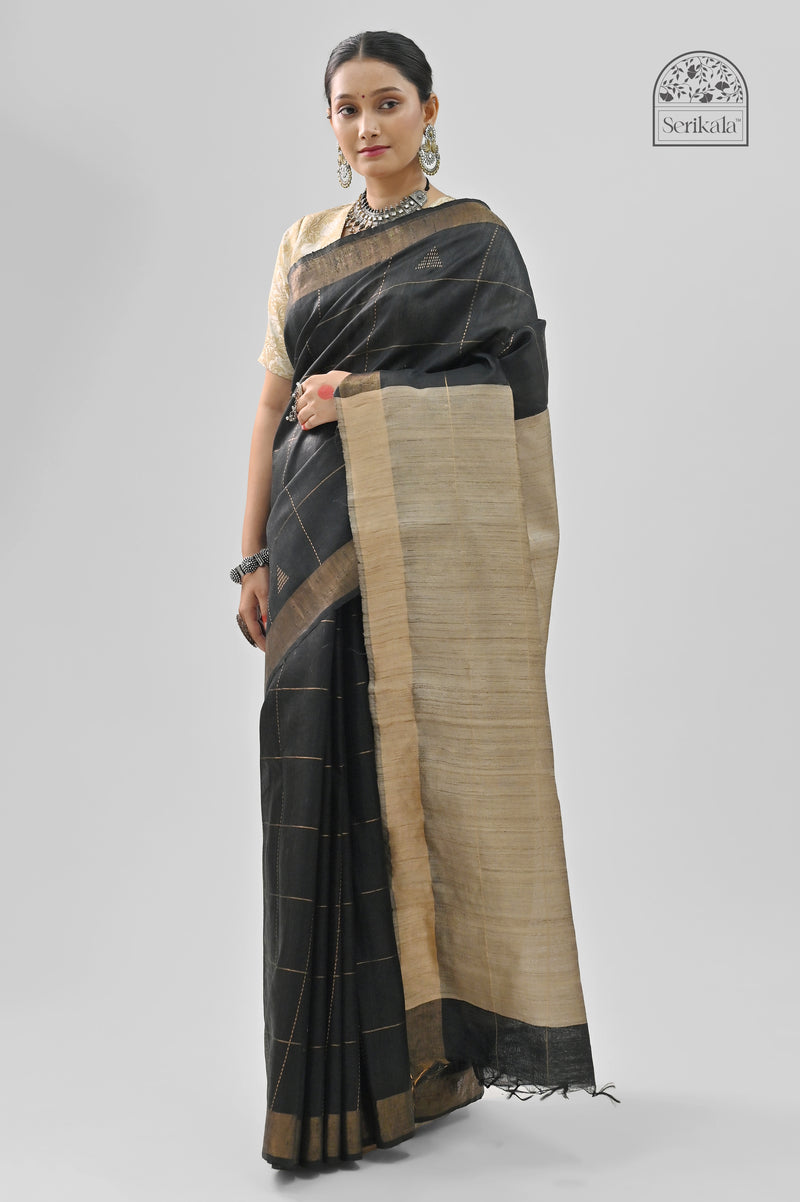 Black & Beige Dupion Tussar Silk Saree with Geometric Weave | Handloom Elegance