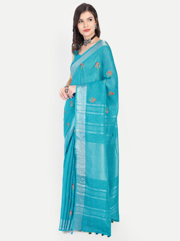 Vibrant Turquoise Blue Linen Saree with Floral Embroidery