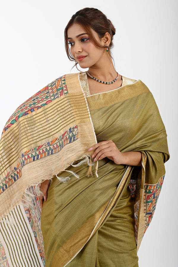 Elegant Olive Green Eri Silk Saree with Hand-Painted Madhubani Art