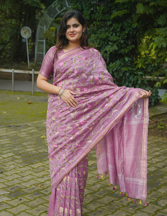 DUSTY PINK FLORAL LINEN SAREE