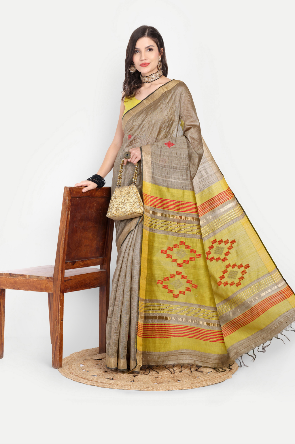BEIGE TUSSAR SILK SAREE