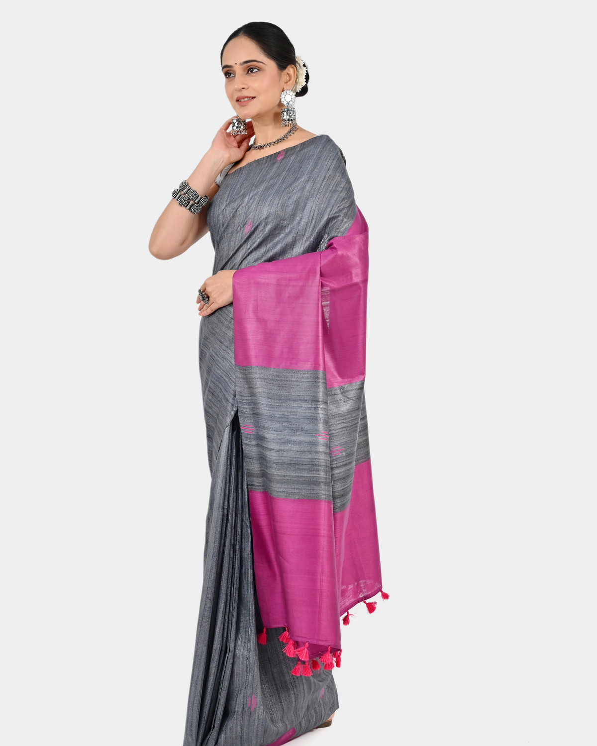 GREY PINK GHICHA SILK SAREE