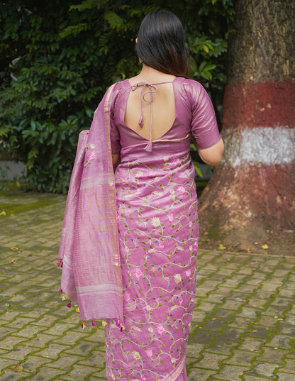 DUSTY PINK FLORAL LINEN SAREE