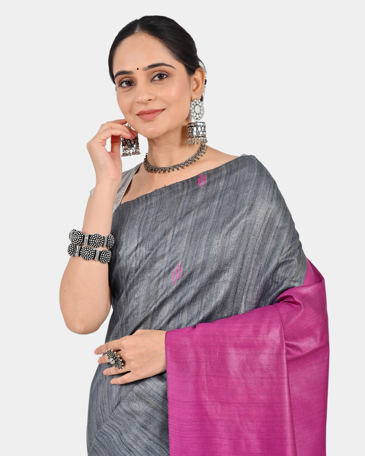 GREY PINK GHICHA SILK SAREE