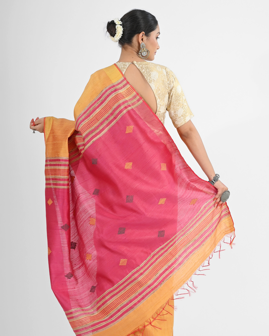 PEACH DUPION SILK SAREE WITH PINK PALLU