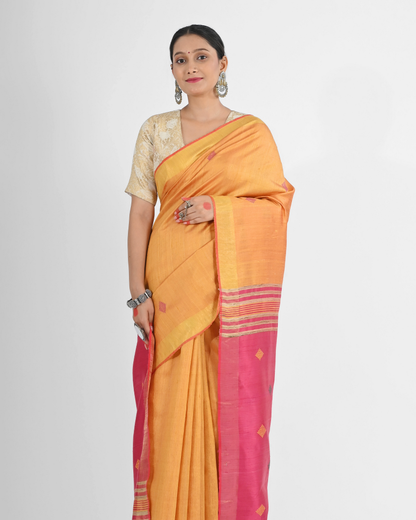 PEACH DUPION SILK SAREE WITH PINK PALLU