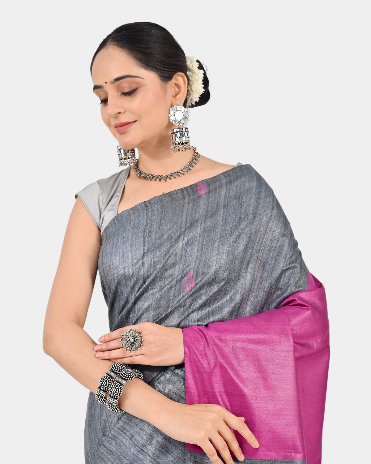 GREY PINK GHICHA SILK SAREE