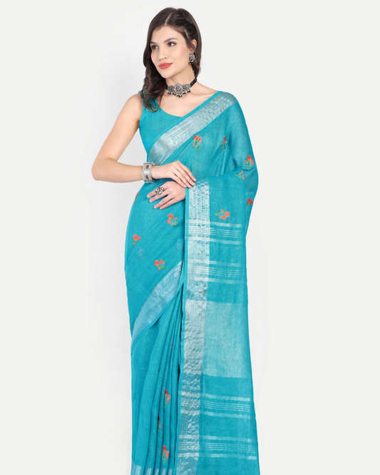 TURQUOISE BLUE LINEN SAREE