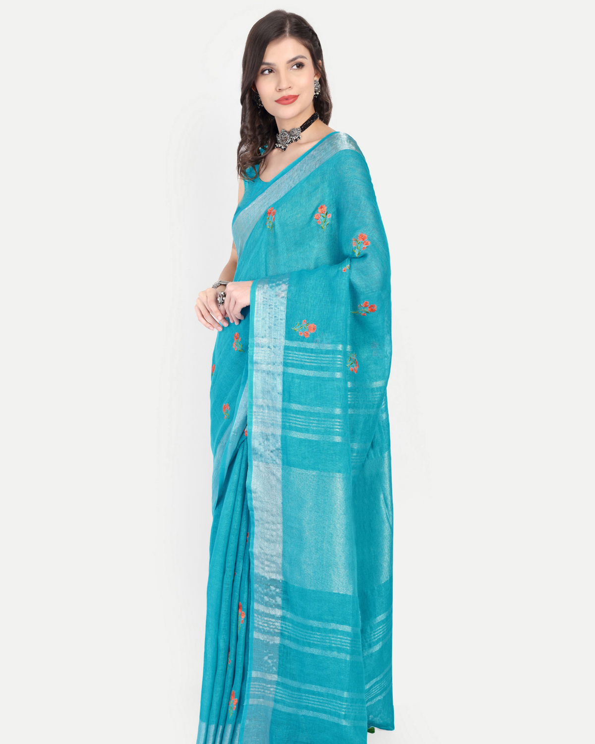 TURQUOISE BLUE LINEN SAREE