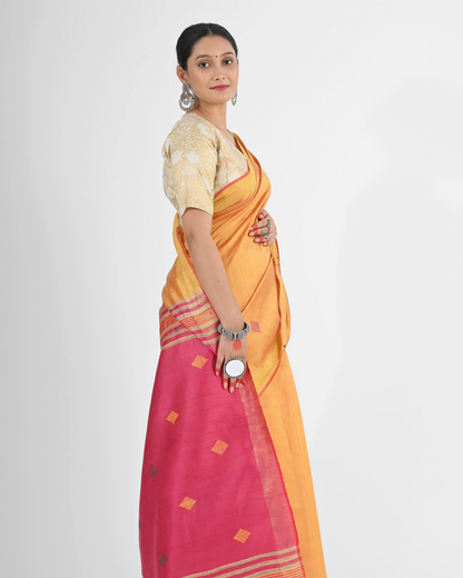 PEACH DUPION SILK SAREE WITH PINK PALLU