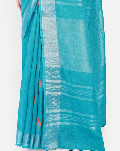 TURQUOISE BLUE LINEN SAREE