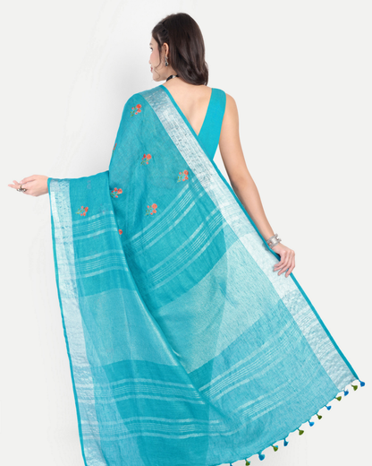 TURQUOISE BLUE LINEN SAREE