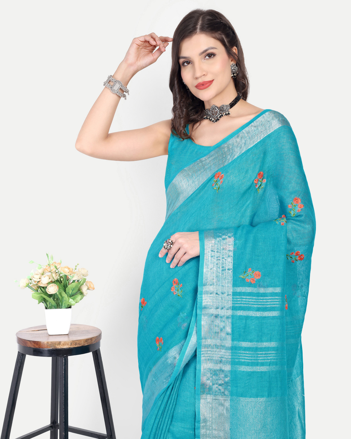 TURQUOISE BLUE LINEN SAREE