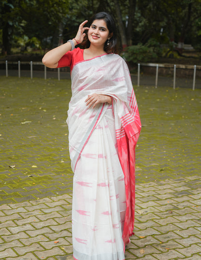 WHITE & PINK HANDWOVEN COTTON IKAT SAREE