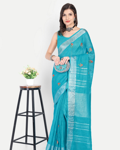 TURQUOISE BLUE LINEN SAREE