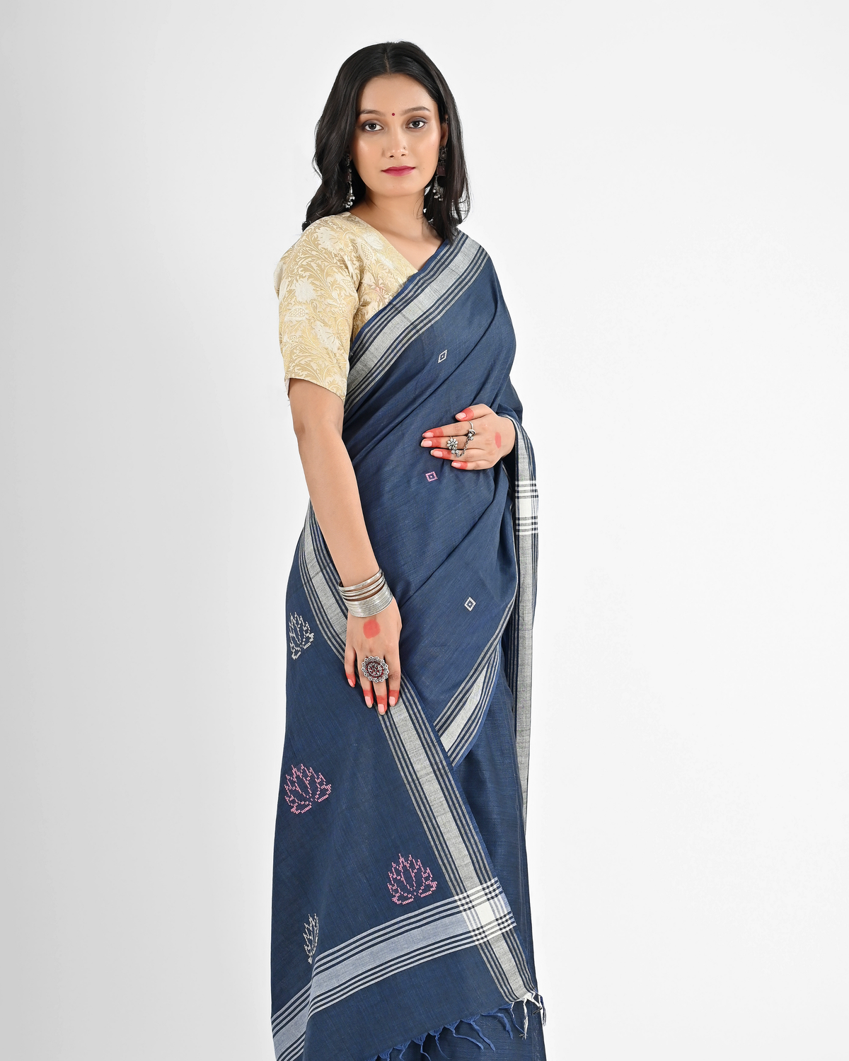 INDIGO BLUE COTTON SAREE WITH 52 BUTI WORK