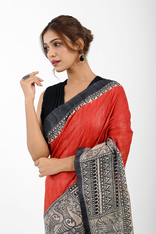 Striking Red Ghicha Silk Saree with Monochrome Madhubani Print