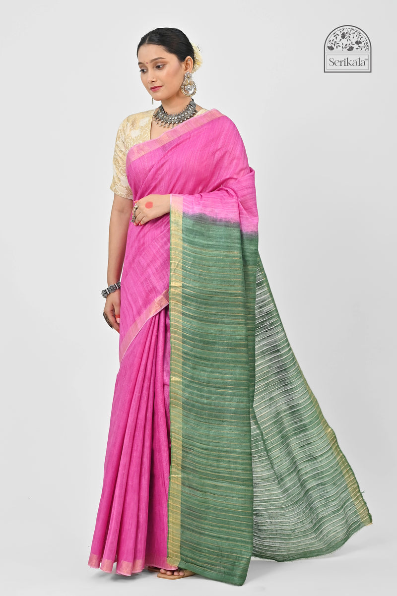 Vibrant Pink & Green Ghicha Silk Saree | Handloom Traditional Saree