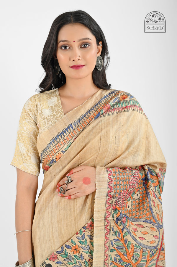Exquisite Beige Desi Tussar Silk Saree with Hand-Painted Madhubani Art | Authentic Handloom - Serikala